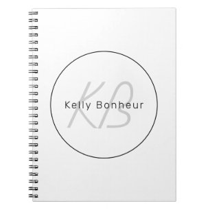 Modern White Grey & Black Cool Name & Monogram Notebook