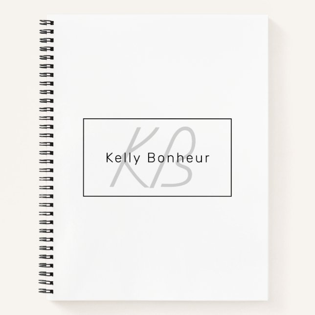 Modern White Grey & Black | Cool Name & Monogram Notebook (Front)