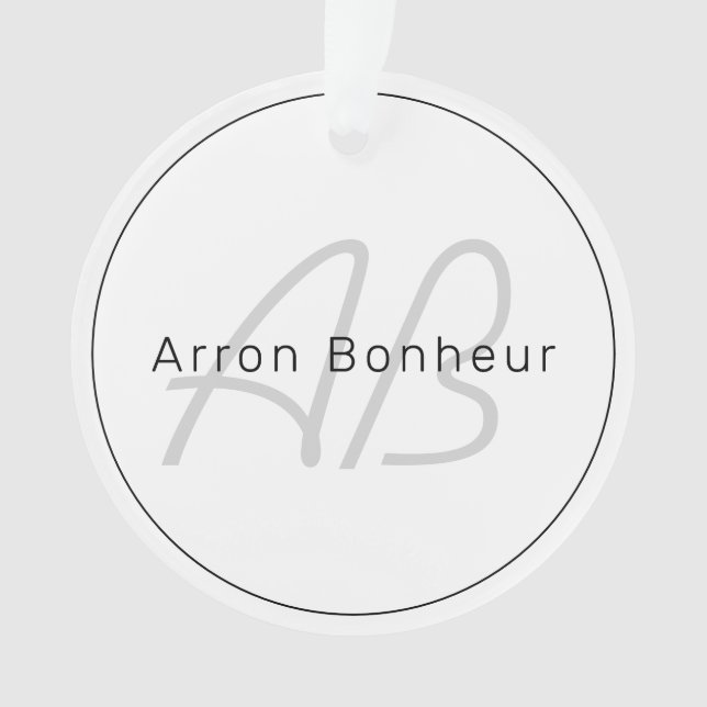 Modern White Grey & Black | Cool Name & Monogram Ornament (Front)