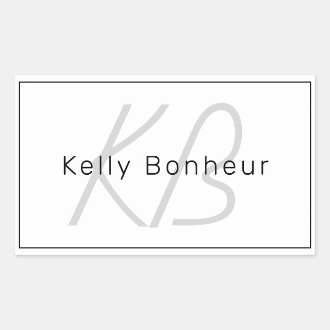 Modern White Grey & Black | Cool Name & Monogram Rectangular Sticker (Front)