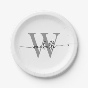 Modern White Grey Custom Monogram Name Script Paper Plate