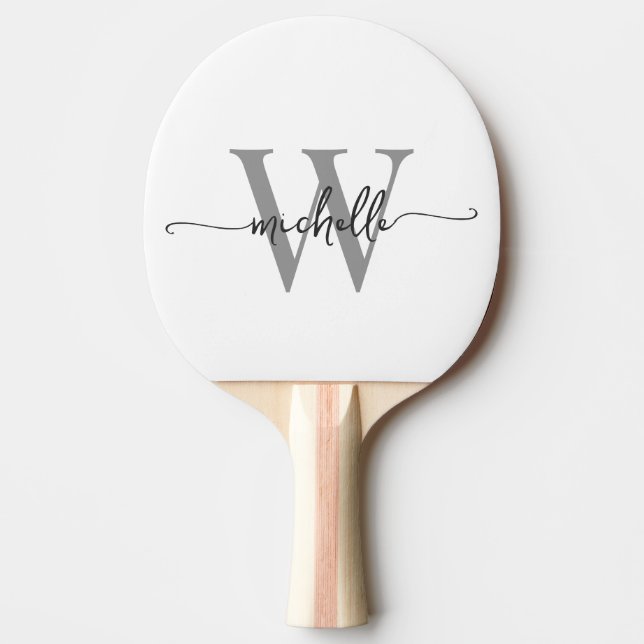 Modern White Grey Custom Monogram Name Script Ping Pong Paddle (Front)