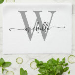 Modern White Grey Custom Monogram Name Script Tea Towel<br><div class="desc">Girly Modern Elegant White and Grey Monogram Initial Name Signature Script Custom Personalised Kitchen Towel. This design featuring your first name in a pretty hand lettered style swash tail font typography (or calligraphy) with monogram initial in grey and black on white. These are easy to customise it. Great stylish feminine...</div>