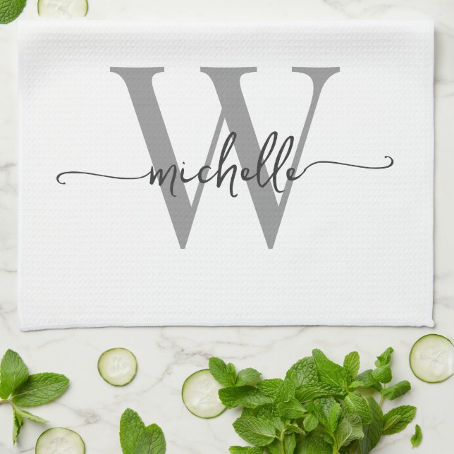 Modern White Grey Custom Monogram Name Script Tea Towel (Folded)