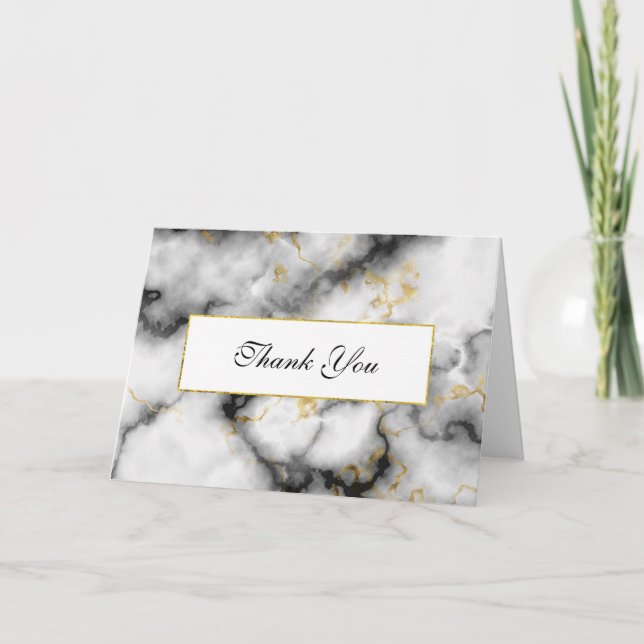 Modern White Grey Marble & Gold Ribbon Thank You Card (Front)