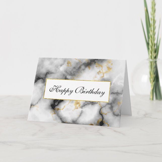 Modern White Grey Marble with Gold Ribbon Card (Front)