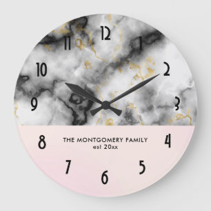 Modern White Grey Marble with Gold Ribbon Family Large Clock