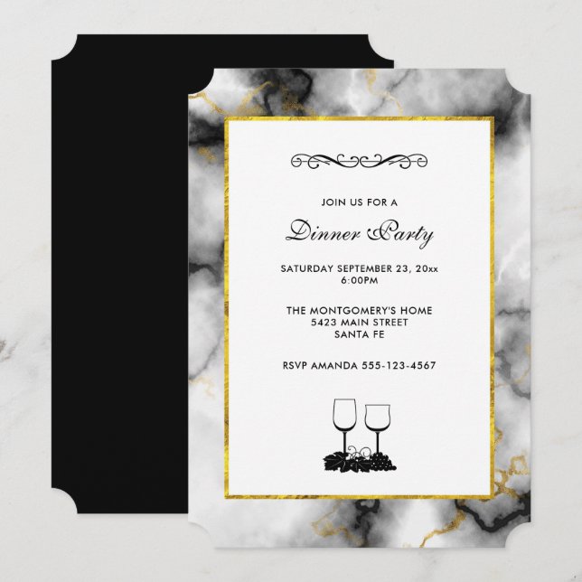 Modern White Grey Marble with Gold Ribbon Invitation (Front/Back)