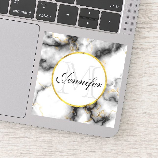 Modern White Grey Marble with Gold Ribbon Monogram (Detail)