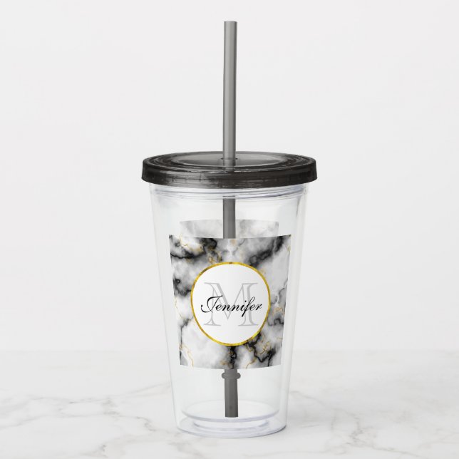 Modern White Grey Marble with Gold Ribbon Monogram Acrylic Tumbler (Front)