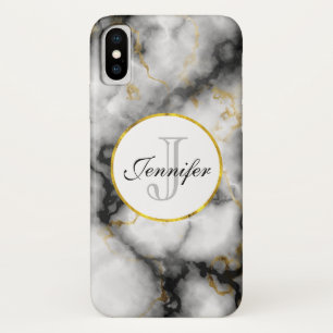 Modern White Grey Marble with Gold Ribbon Monogram iPhone X Case