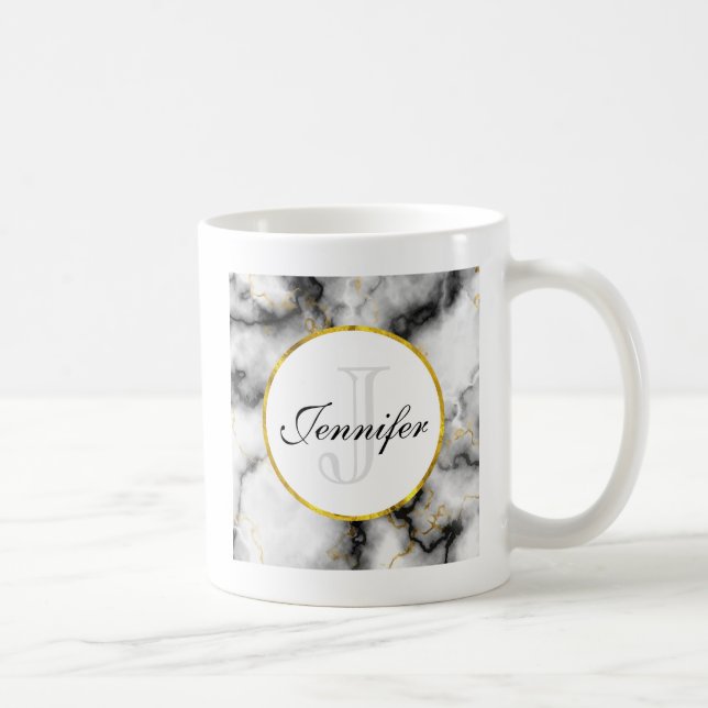 Modern White Grey Marble with Gold Ribbon Monogram Coffee Mug (Right)
