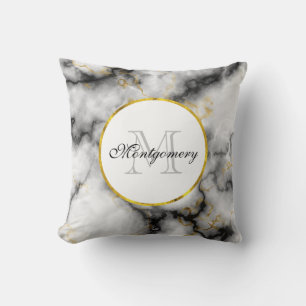 Modern White Grey Marble with Gold Ribbon Monogram Cushion
