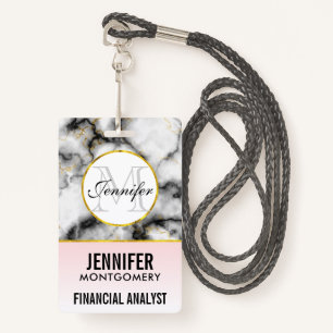 Modern White Grey Marble with Gold Ribbon Monogram ID Badge