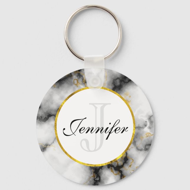 Modern White Grey Marble with Gold Ribbon Monogram Key Ring (Front)