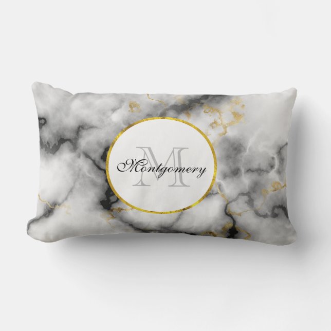 Modern White Grey Marble with Gold Ribbon Monogram Lumbar Cushion (Front)
