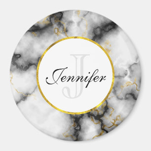 Modern White Grey Marble with Gold Ribbon Monogram Magnet