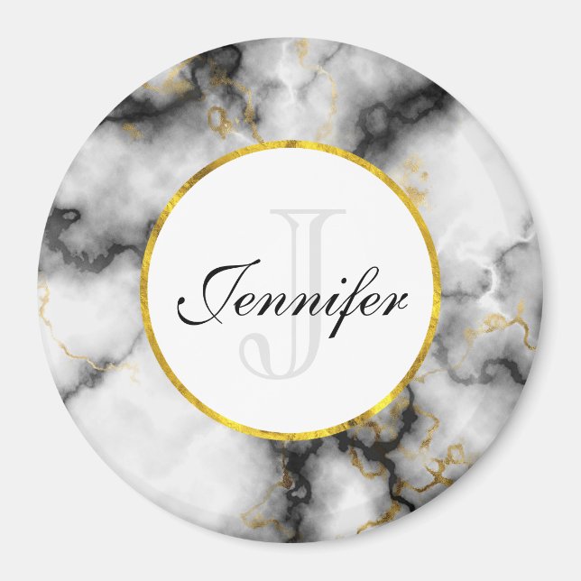 Modern White Grey Marble with Gold Ribbon Monogram Magnet (Front)