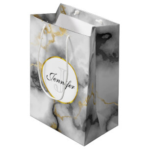 Modern White Grey Marble with Gold Ribbon Monogram Medium Gift Bag