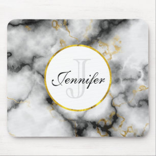 Modern White Grey Marble with Gold Ribbon Monogram Mouse Pad