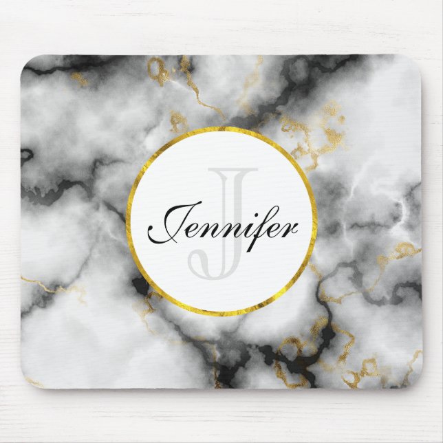Modern White Grey Marble with Gold Ribbon Monogram Mouse Pad (Front)