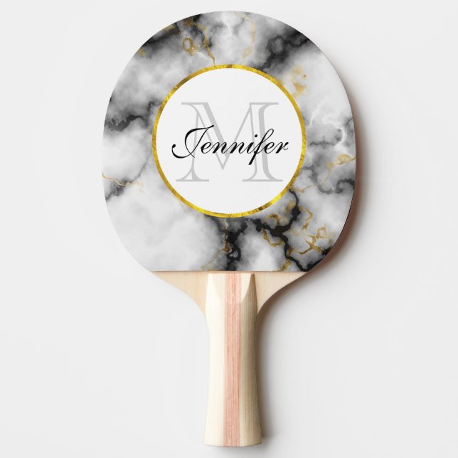 Modern White Grey Marble with Gold Ribbon Monogram Ping Pong Paddle (Front)