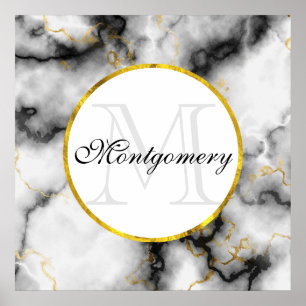 Modern White Grey Marble with Gold Ribbon Monogram Poster