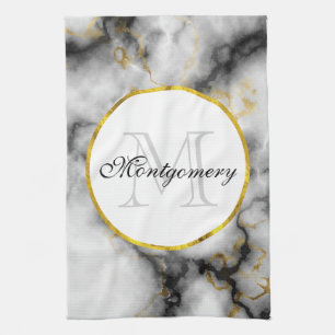 Modern White Grey Marble with Gold Ribbon Monogram Tea Towel