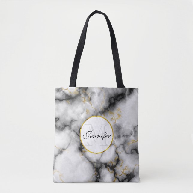 Modern White Grey Marble with Gold Ribbon Monogram Tote Bag (Front)