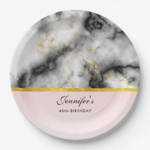 Modern White Grey Marble with Gold Ribbon Paper Plate