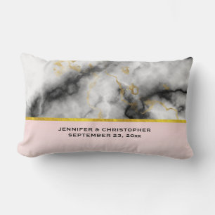 Modern White Grey Marble with Gold Ribbon Wedding Lumbar Cushion