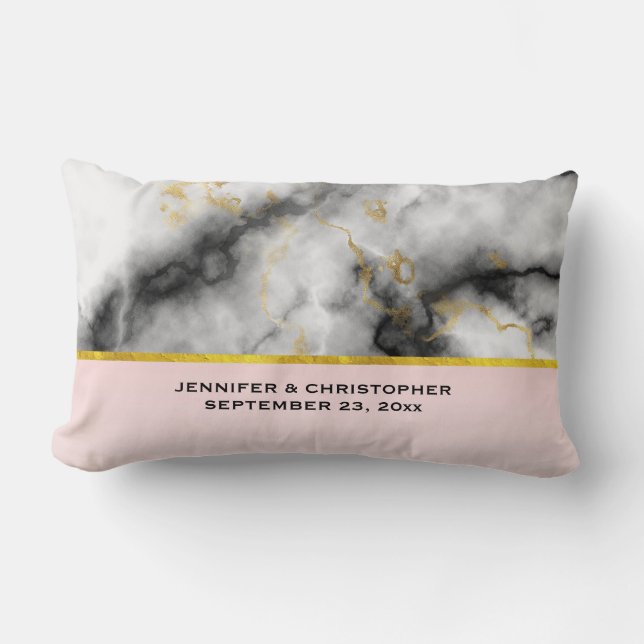 Modern White Grey Marble with Gold Ribbon Wedding Lumbar Cushion (Front)