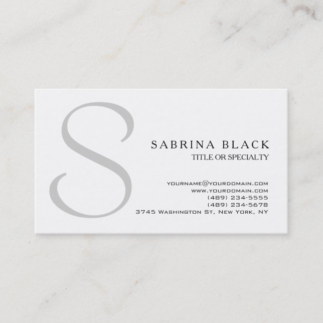 Modern White Grey Monogram Business Card (Front)