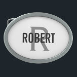 Modern white grey monogram name belt buckle<br><div class="desc">Modern white belt buckle for him with a grey monogram and a black typography name. Personalise with your name and initials.</div>