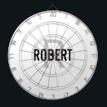 Modern white grey monogram name dart board<br><div class="desc">Modern white dart board with a black typography name and grey monogram. Personalise with name and initial.</div>