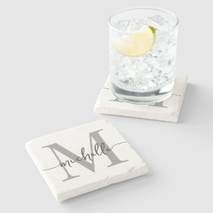 Modern White Grey Monogram Name Elegant Script Stone Coaster