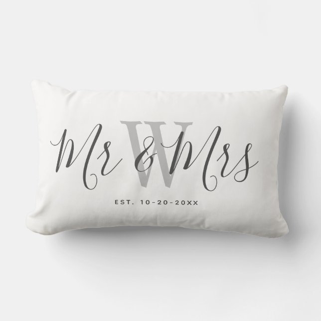 Modern White Grey Mr And Mrs Keepsake Monogrammed Lumbar Cushion (Front)