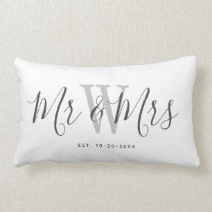Modern White Grey Mr And Mrs Keepsake Monogrammed Lumbar Cushion