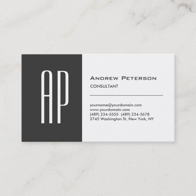 Modern White Grey Stripe Monogram Business Card (Front)