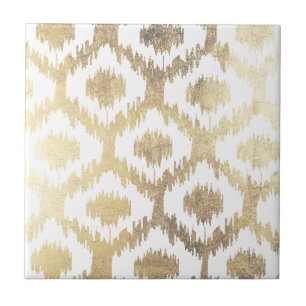 Modern white hand drawn ikat pattern faux gold ceramic tile