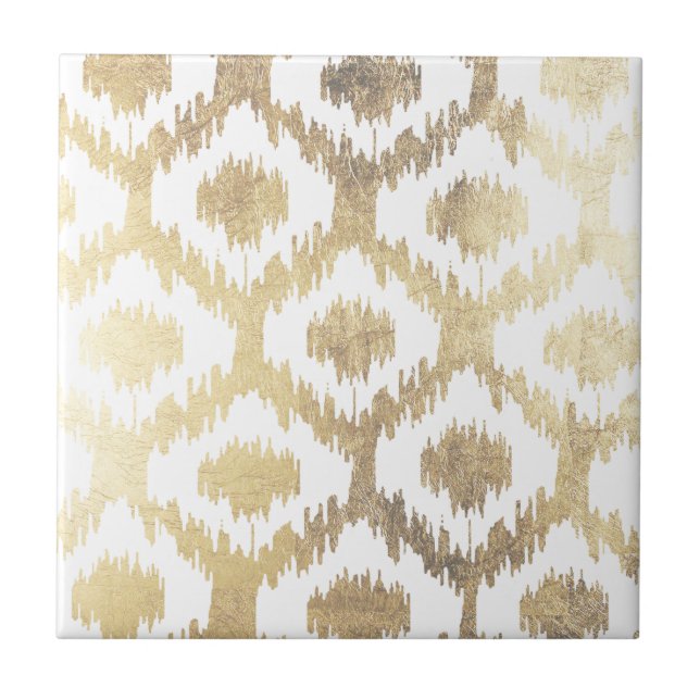 Modern white hand drawn ikat pattern faux gold ceramic tile (Front)