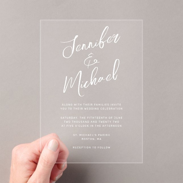 Modern White Hand Lettered Script Wedding Acrylic Invitations (Insitu (Handheld))
