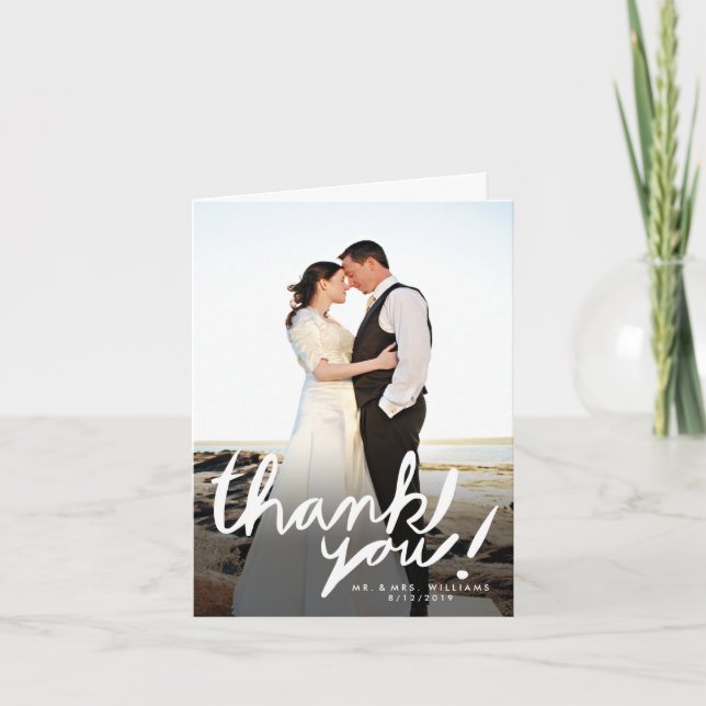 Modern White Hand Script Photo Thank You Card (Front)