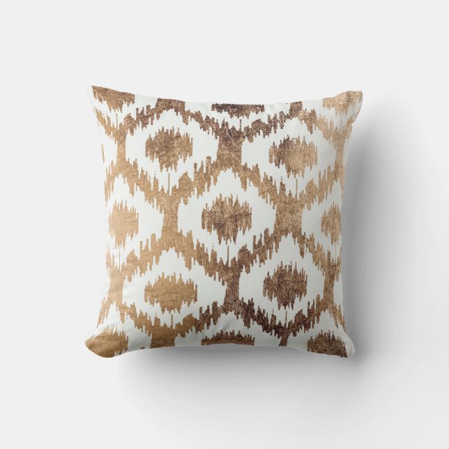Modern white handrawn ikat pattern faux brass gold cushion (Front)