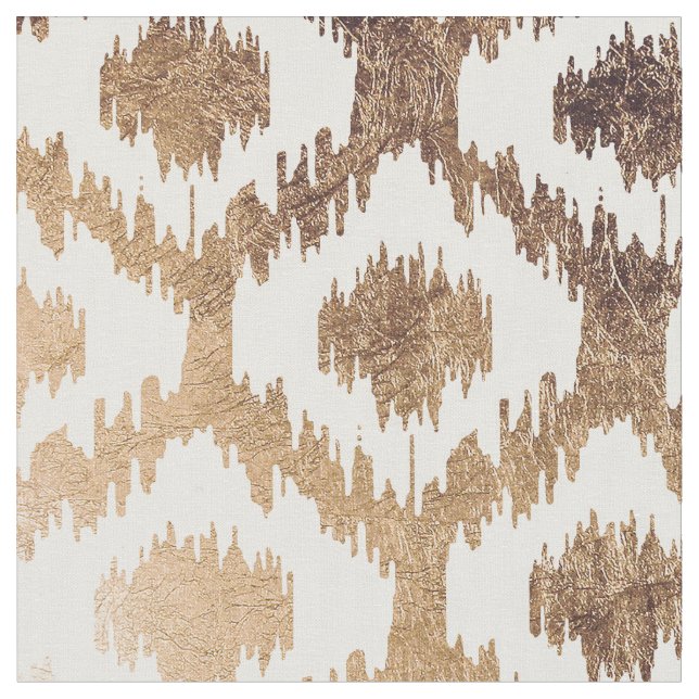 Modern white handrawn ikat pattern faux brass gold fabric (Close Up)