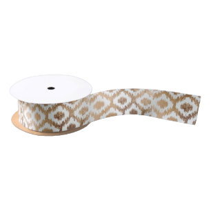 Modern white handrawn ikat pattern faux brass gold satin ribbon