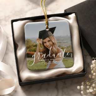 Modern White Handwriting Photo Graduation Ceramic Ornament