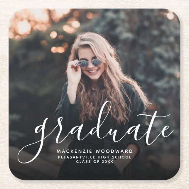 Modern White Handwriting Photo Graduation Party Square Paper Coaster (Front)