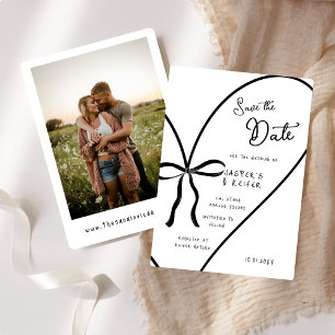 Modern White Heart Bow Photo Wedding Save The Date Invitation