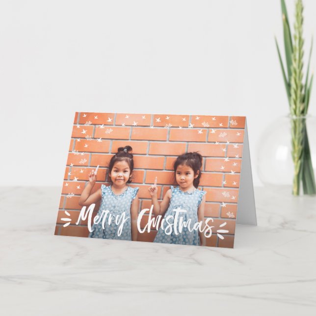 Modern White Hearts and Stars Christmas Photo Holiday Card (Front)